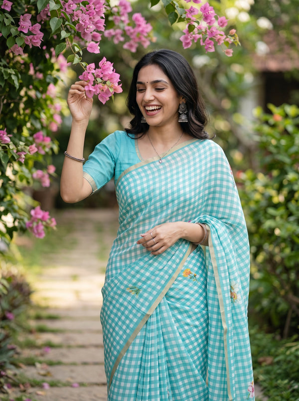 Linen Turquoise Check Print Saree with Scattered Floral Motifs