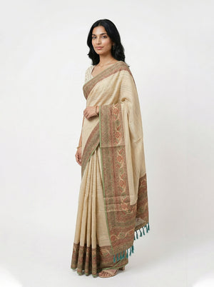Semi Jute Cream Beige Woven Border Saree