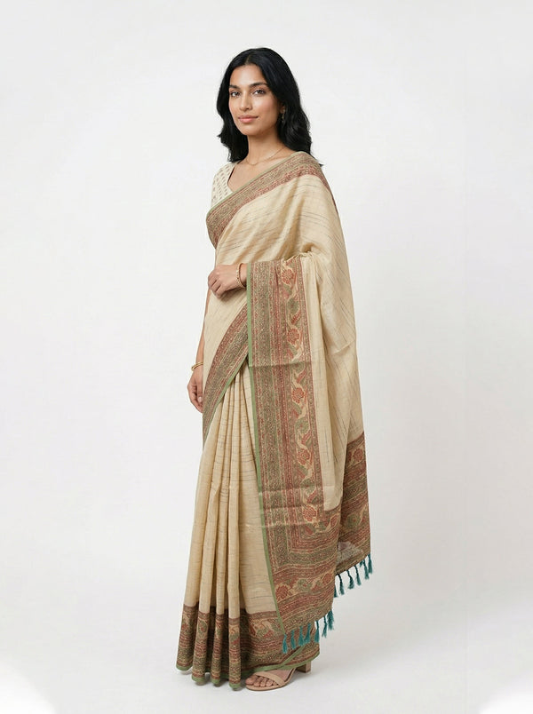 Semi Jute Cream Beige Woven Border Saree
