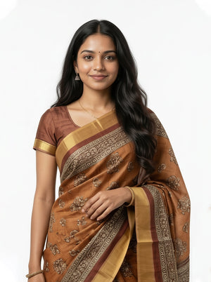 Chanderi Silk Rust Brown Floral Printed Saree