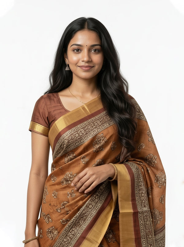Chanderi Silk Rust Brown Floral Printed Saree