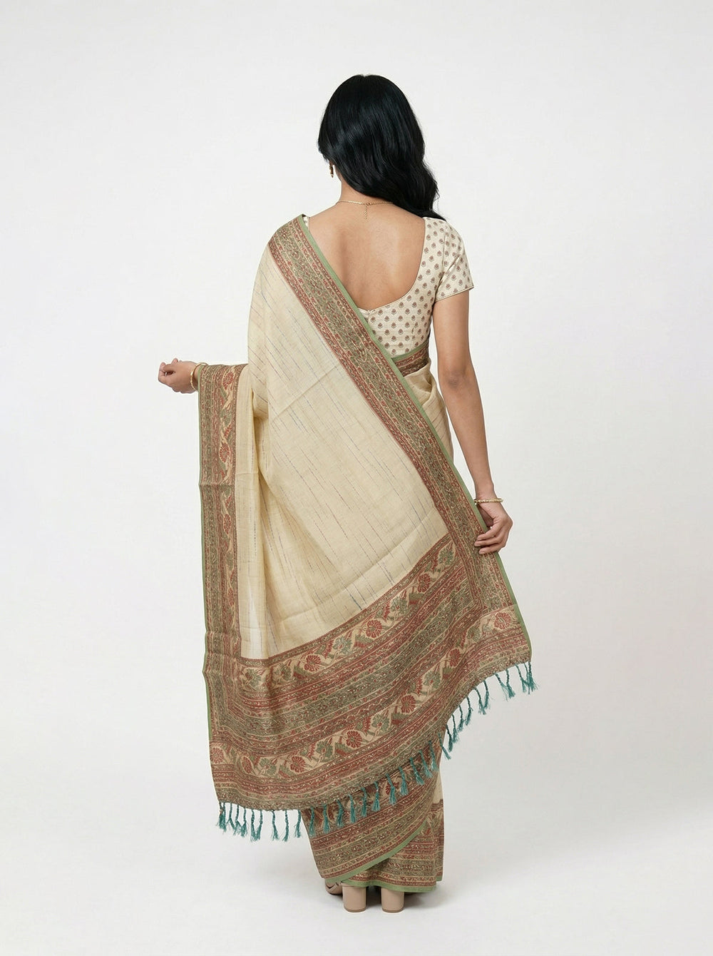 Semi Jute Cream Beige Woven Border Saree