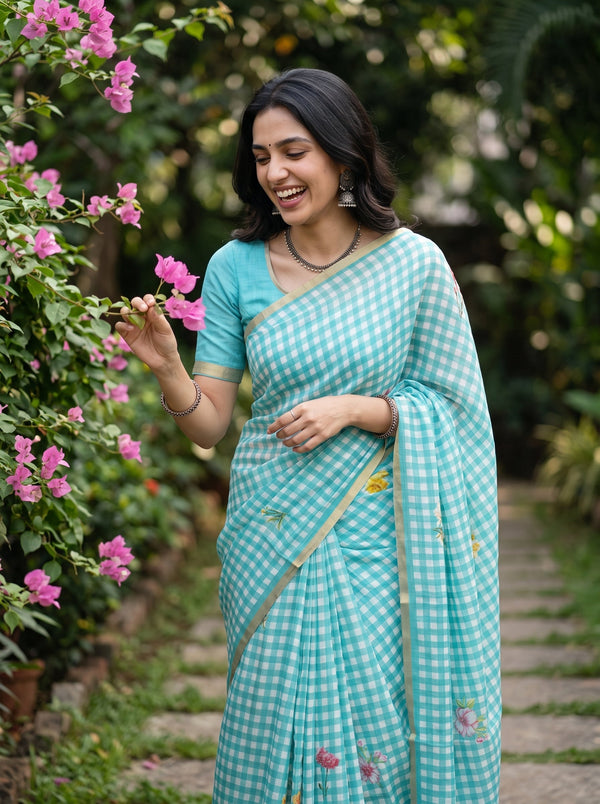 Linen Turquoise Check Print Saree with Scattered Floral Motifs