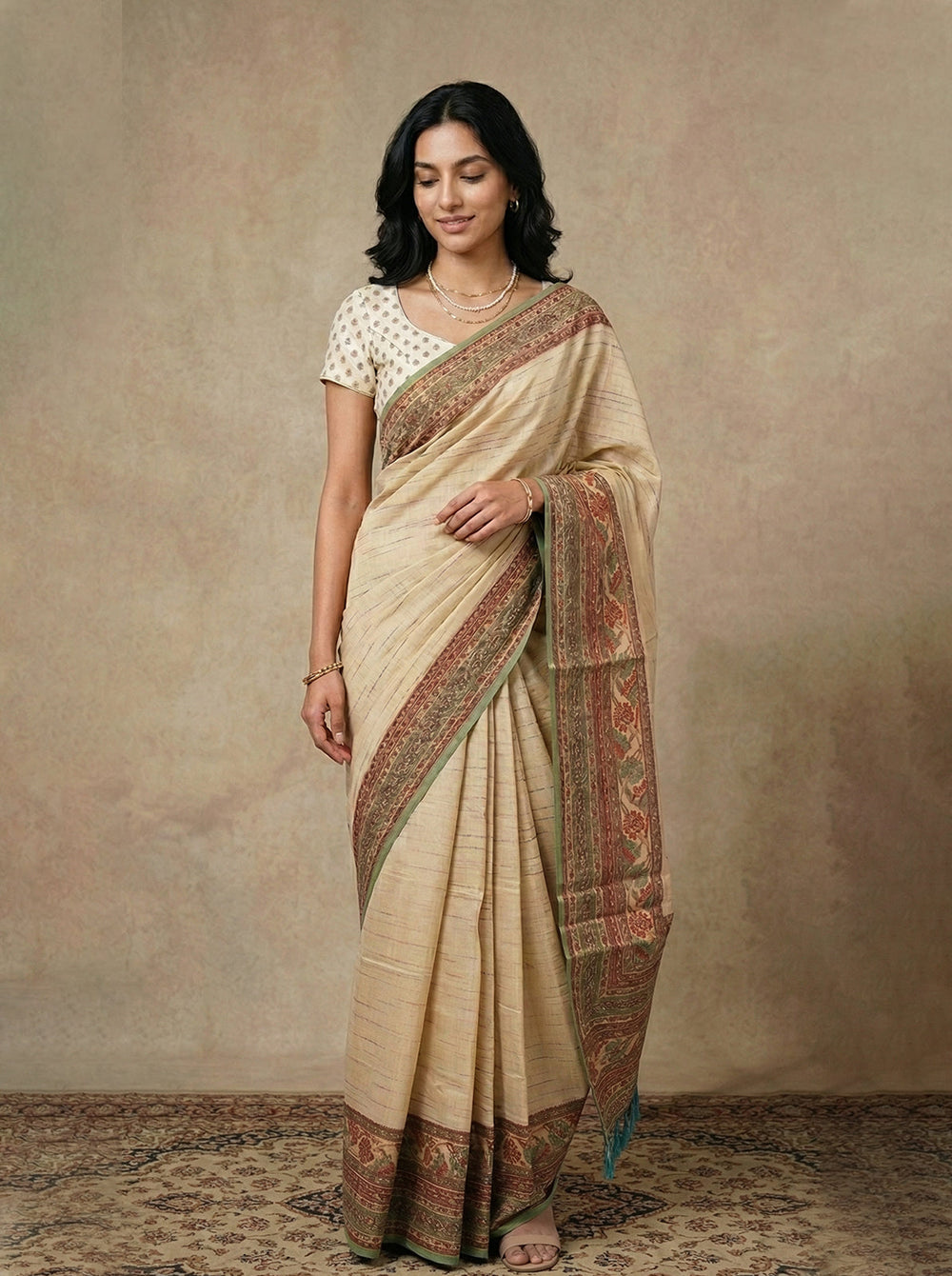 Semi Jute Cream Beige Woven Border Saree