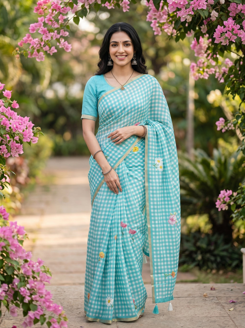 A woman wearing a light blue and white checkered saree with small floral embroidery, standing in a garden pathway framed by pink bougainvillea flowers.