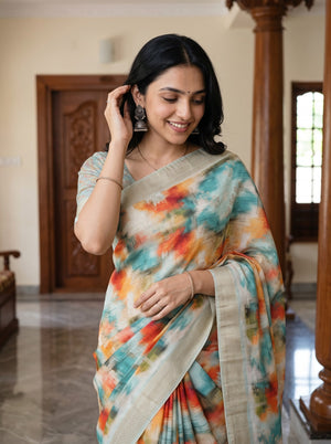 Semi Tussar Teal Orange Watercolor Print Saree with Golden Border and Tassels