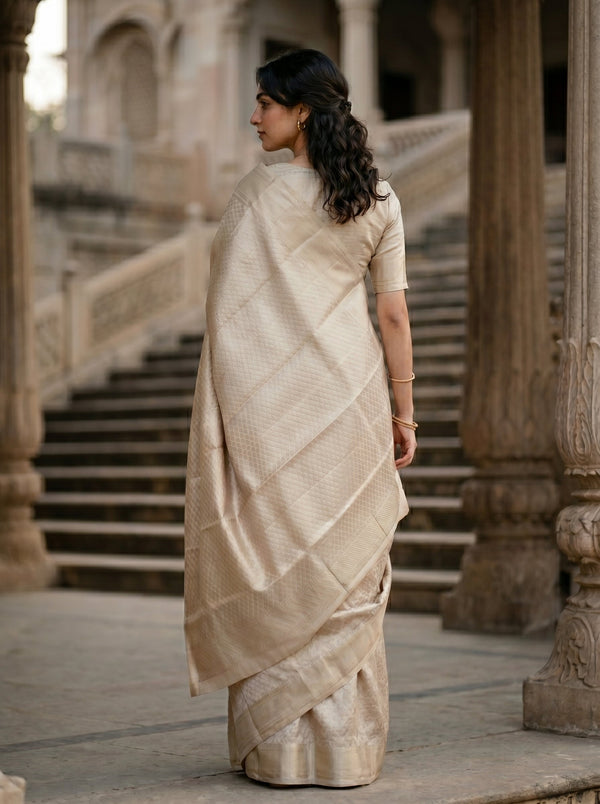 Kanjivaram Tissue Silk Champagne Beige Saree with All-Over Silver Zari Self Weave