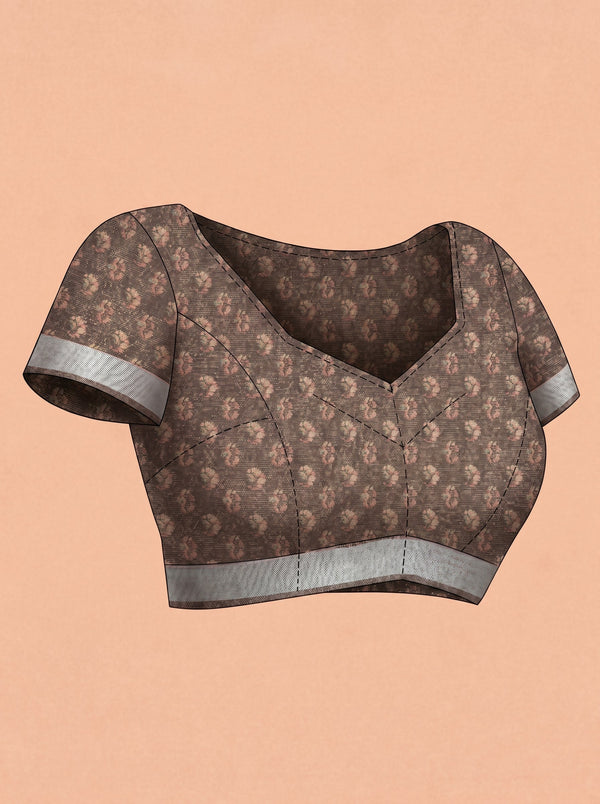 Tissue Linen Coffee Brown Floral Printed Saree