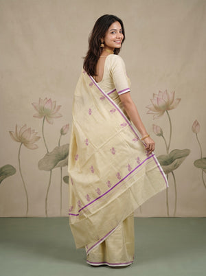 Tissue Cream Purple Leaf Print Onam Special Kerala Saree