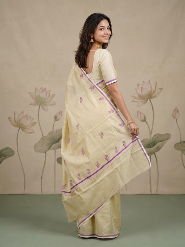 Tissue Cream Purple Leaf Print Onam Special Kerala Saree