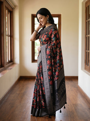 Semi Tussar Multicolor Floral Print Saree with Diamond Jaal Border