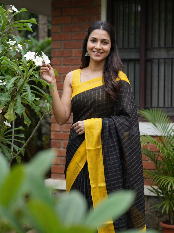 Synthetic Black Checked Saree with Golden Yellow Border
