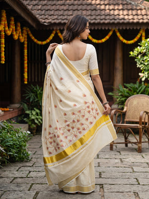 Tissue Cream Rust Floral Vine Embroidery  Onam Special Kerala Saree with Golden Border