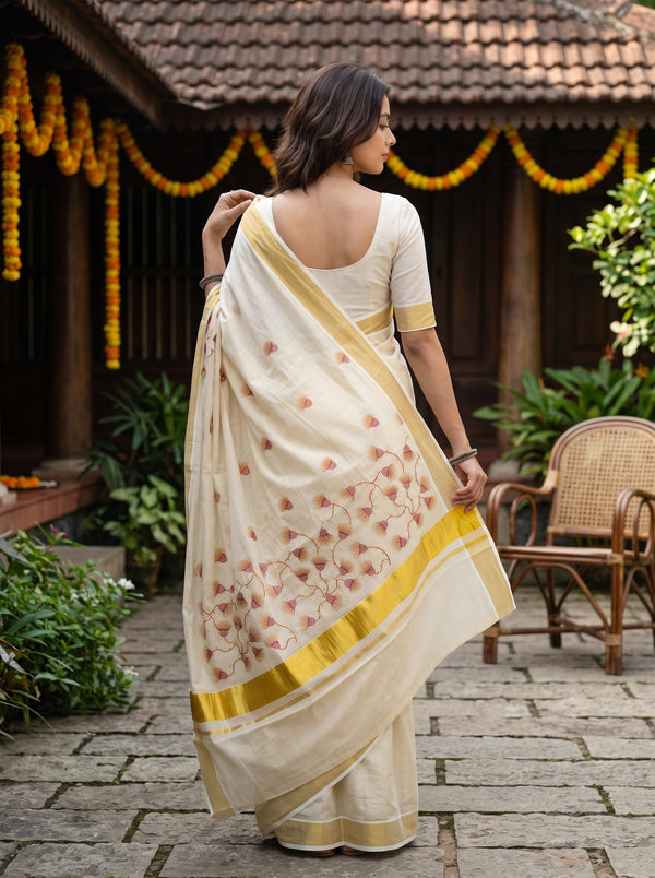 Tissue Cream Rust Floral Vine Embroidery  Onam Special Kerala Saree with Golden Border