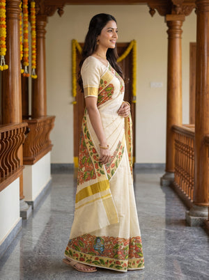 Tissue Cream Krishna Mural Print With Golden Border Onam Special Kerala Saree