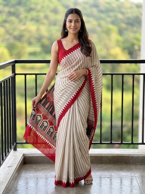 Synthetic Beige White Stripe Saree with Red Temple Border and Tribal Pallu