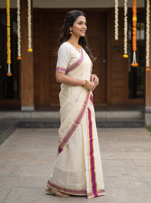 Cotton Cream Bright Magenta Gold Stripe Border Onam Special Kerala Set Mundu
