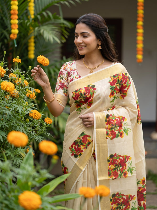 Tissue Cream Floral Print  Onam Special Kerala  Saree with Golden Border