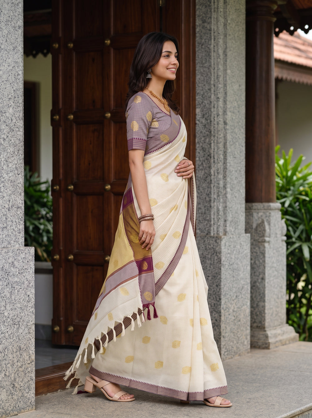 Cotton Cream Checkered Body Saree with Gold Buti and Maroon Temple Border