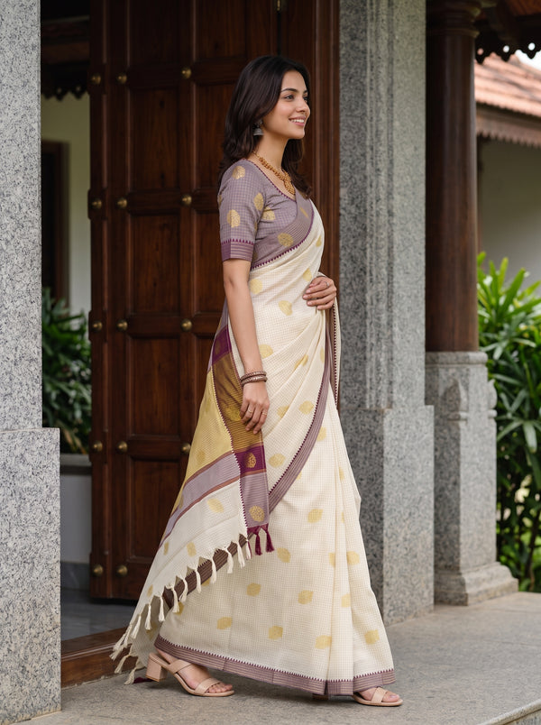 Cotton Cream Checkered Body Saree with Gold Buti and Maroon Temple Border
