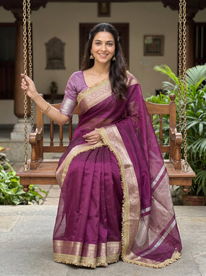 Tissue Banarasi Magenta Solid Saree with Gold Woven Border and Lace Edge