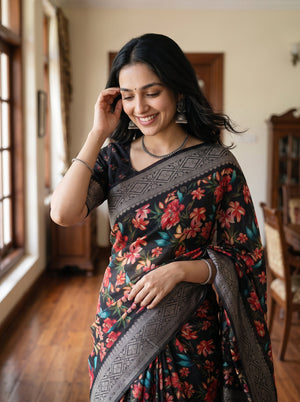 Semi Tussar Multicolor Floral Print Saree with Diamond Jaal Border