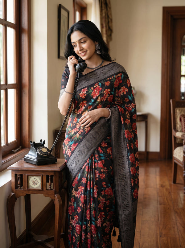Semi Tussar Multicolor Floral Print Saree with Diamond Jaal Border