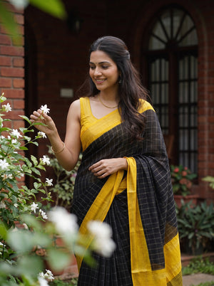 Synthetic Black Checked Saree with Golden Yellow Border