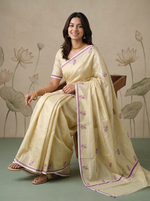 Tissue Cream Purple Leaf Print Onam Special Kerala Saree