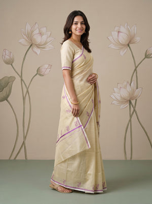 Tissue Cream Purple Leaf Print Onam Special Kerala Saree