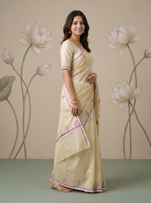 Tissue Cream Purple Leaf Print Onam Special Kerala Saree
