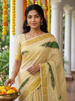 Tissue Golden Peacock Print with Golden Border Onam Special Kerala Traditional Saree