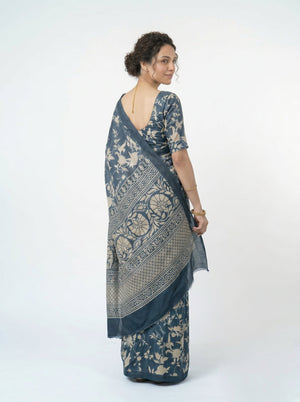Semi Jute Steel Blue Floral Print Saree