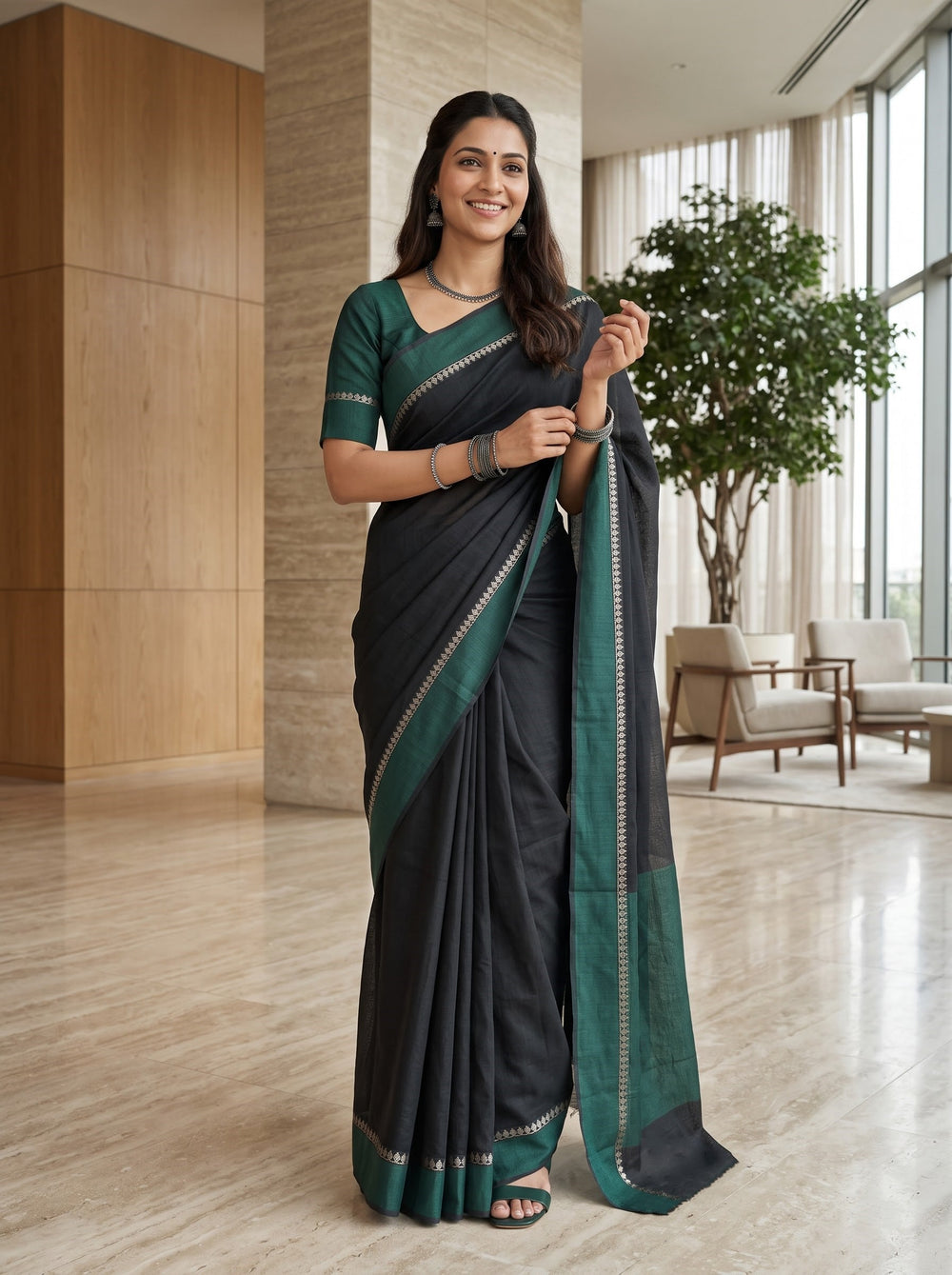 Cotton Silk Bottle Green Black Dual-Tone Saree