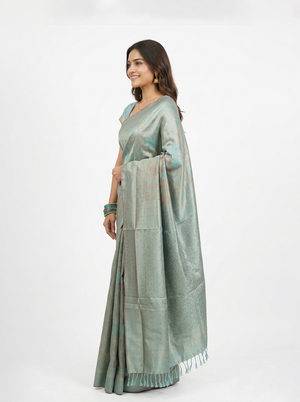 Semi Silk Sage Green Floral Woven Saree