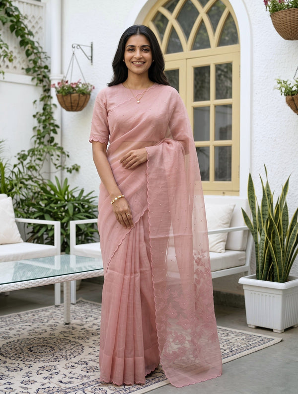 Linen Dusty Pink Saree with Floral Cutwork Embroidered Pallu and Sequin Body