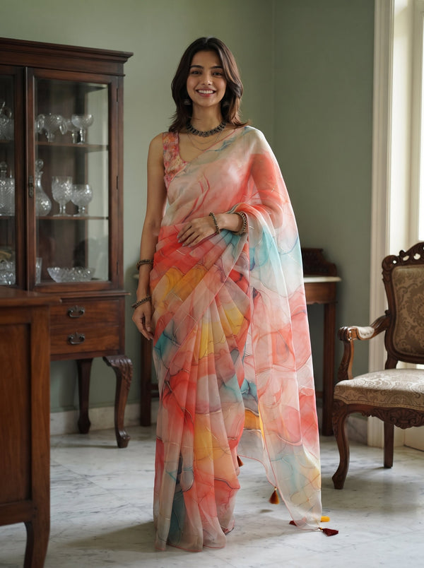 A woman wearing a semi-sheer peach and pink printed saree with yellow, orange, and blue watercolor-style floral patterns, standing in a vintage room with wooden furniture.