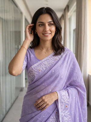 Cotton Lavender Lilac White Jamdani Woven Floral Vine Pallu Butta Saree