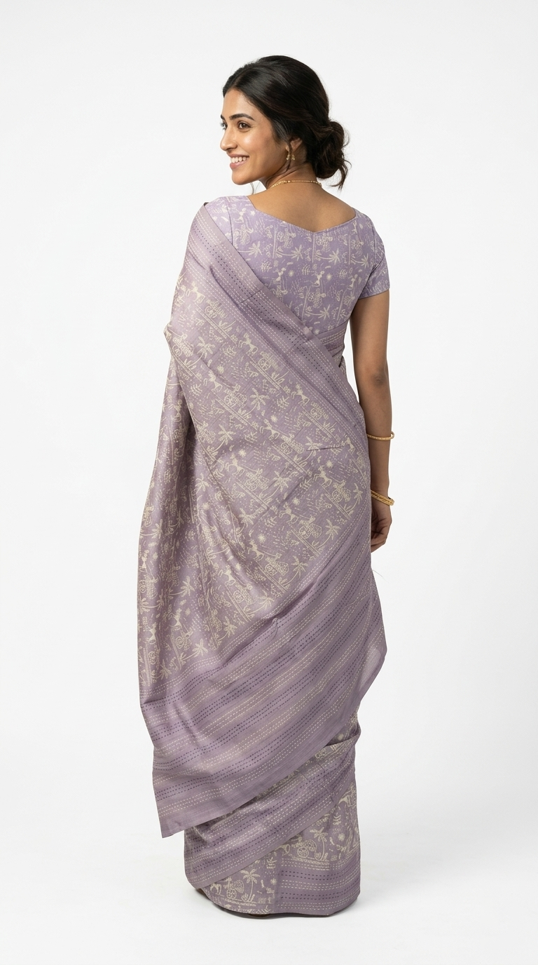 Woman wearing a light purple saree with a traditional design, standing outdoors.