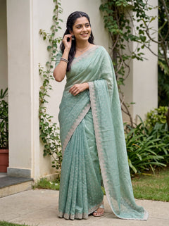 Chiffon Sea Green Golden Sequin Polka Dot Saree with Scalloped Lace Border