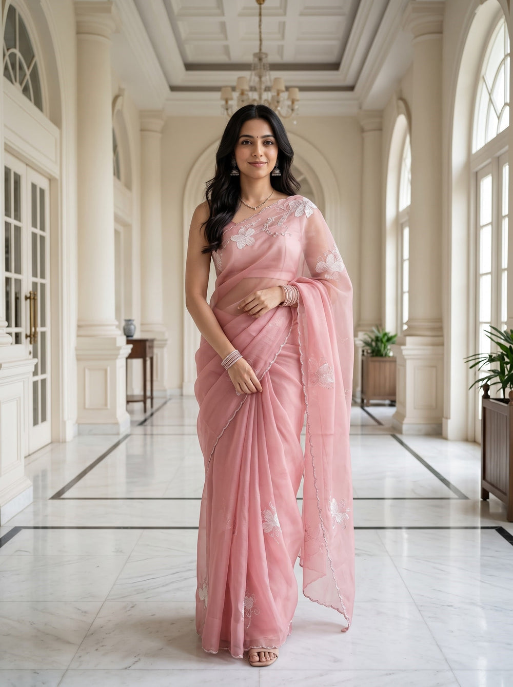 Organza Rose Pink Floral Applique Beaded Scalloped Border Saree