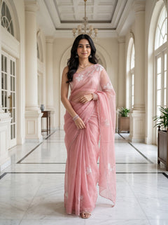 Organza Rose Pink Floral Applique Beaded Scalloped Border Saree
