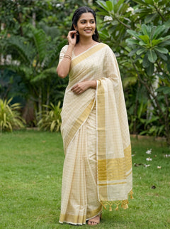 Tissue Cream Golden Striped Border Kerala Saree with Crochet Tassels
