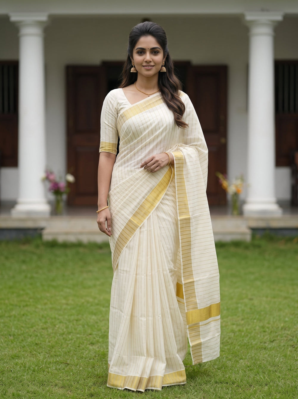 A woman wearing a cream-colored saree with gold stripes and a gold border, standing on a green lawn in front of a house with white columns.