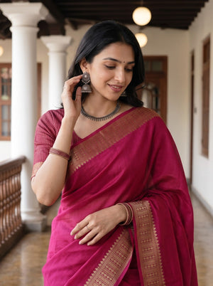 Cotton Silk Magenta Golden Zari Temple Border Saree