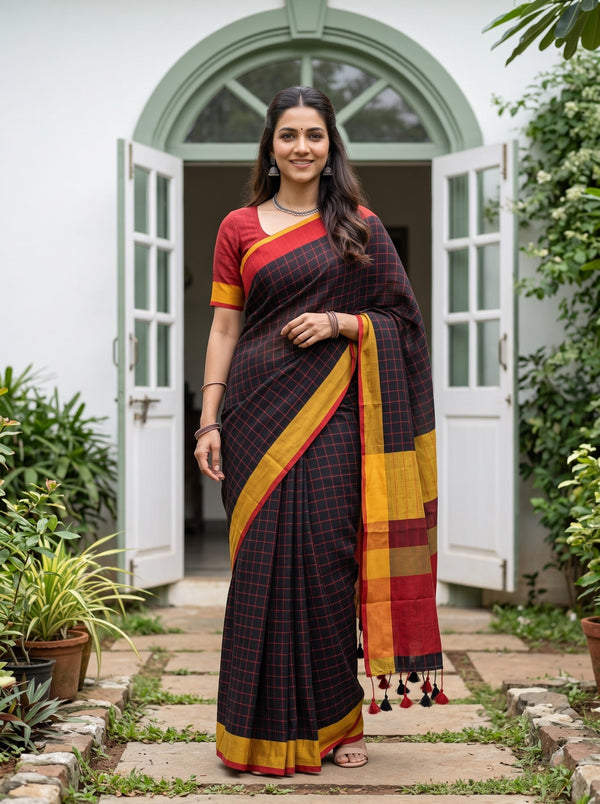Linen Black Checkered Saree with Black and Maroon Tassels