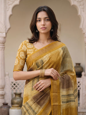 Pure Chanderi Mustard Golden Abstract Batik Print Medallion Border Saree