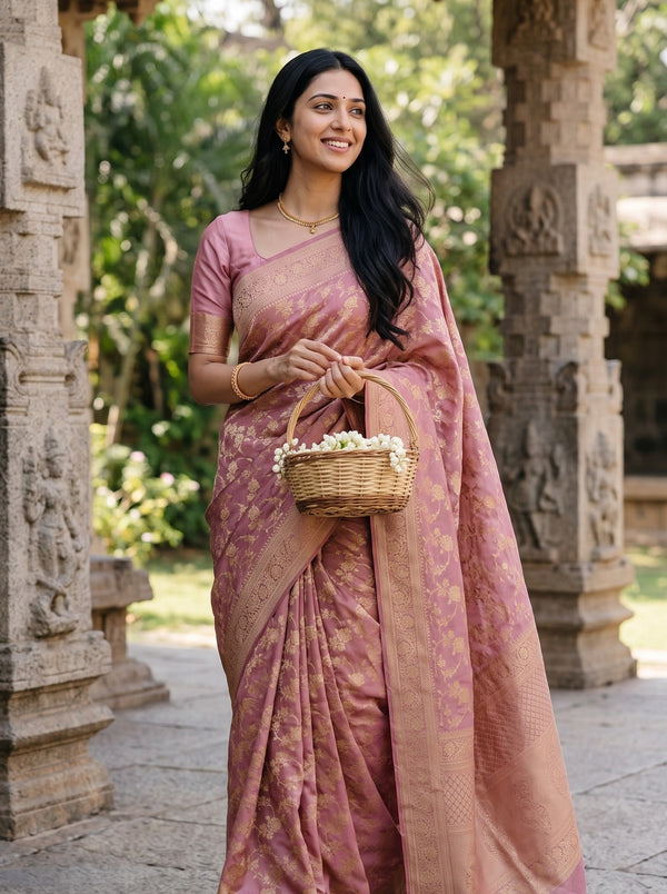 Banarasi Dusty Rose Golden Zari Floral Vine Allover Diamond Jaal Border Saree