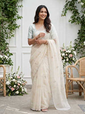Organza Pastel Mint Green Pearl Bead Sequin Leaf Butta Scalloped Border Saree