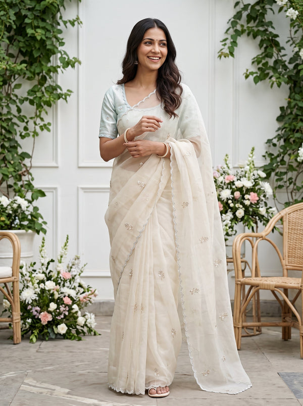Organza Pastel Mint Green Pearl Bead Sequin Leaf Butta Scalloped Border Saree